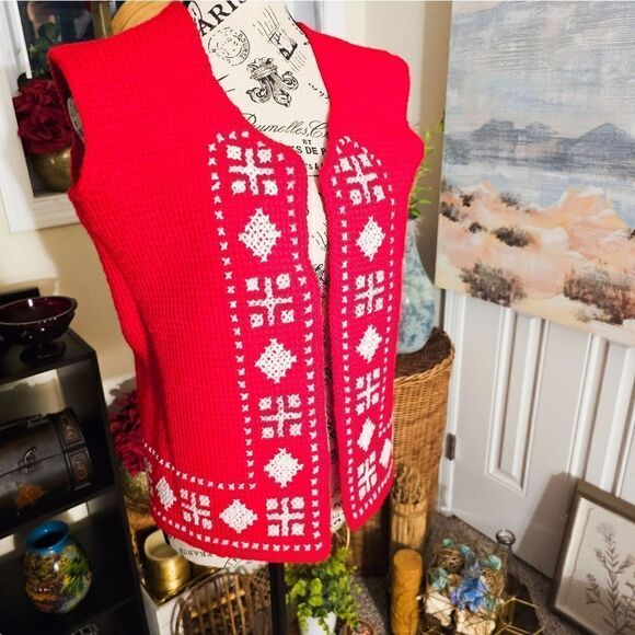 VTG Mosaic Christmas Vibe Holiday Hippie Boho Grannycore Knitted Sweater Vest. - Picture 1 of 15